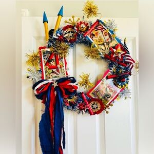 Vintage Repurposed 4th of July Festive Holiday Wreath